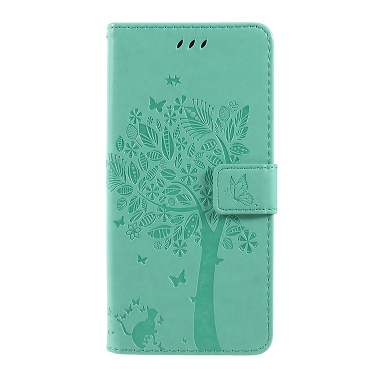 Imprint Cat and Tree Wallet Stand PU Leather Case for Motorola Moto G7 Power (EU Version) - Cyan-1