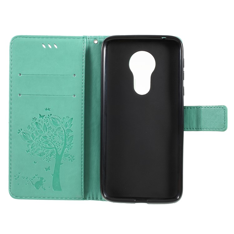 Imprint Cat and Tree Wallet Stand PU Leather Case for Motorola Moto G7 Power (EU Version) - Cyan-4