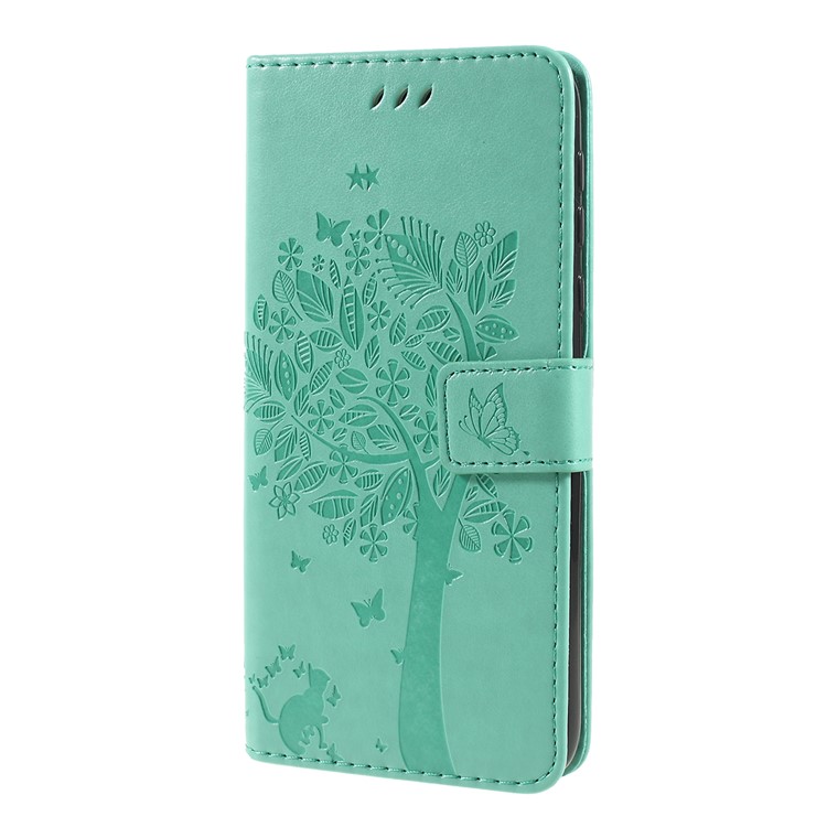 Imprint Cat and Tree Wallet Stand PU Leather Case for Motorola Moto G7 Power (EU Version) - Cyan-6