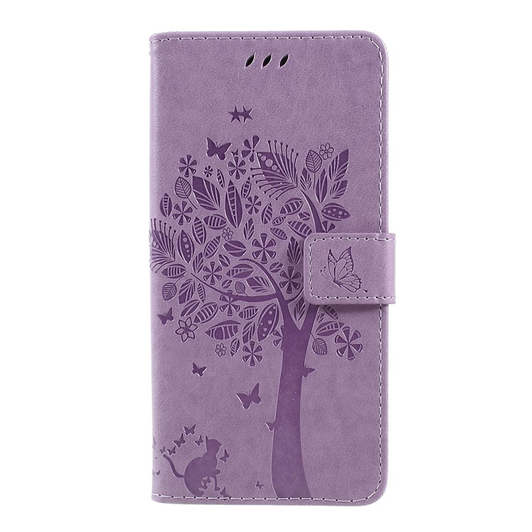 Imprint Cat and Tree Wallet Stand PU Leather Case for Motorola Moto G7 Power (EU Version) - Light Purple-1