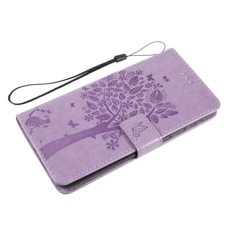 Imprint Cat and Tree Wallet Stand PU Leather Case for Motorola Moto G7 Power (EU Version) - Light Purple-5