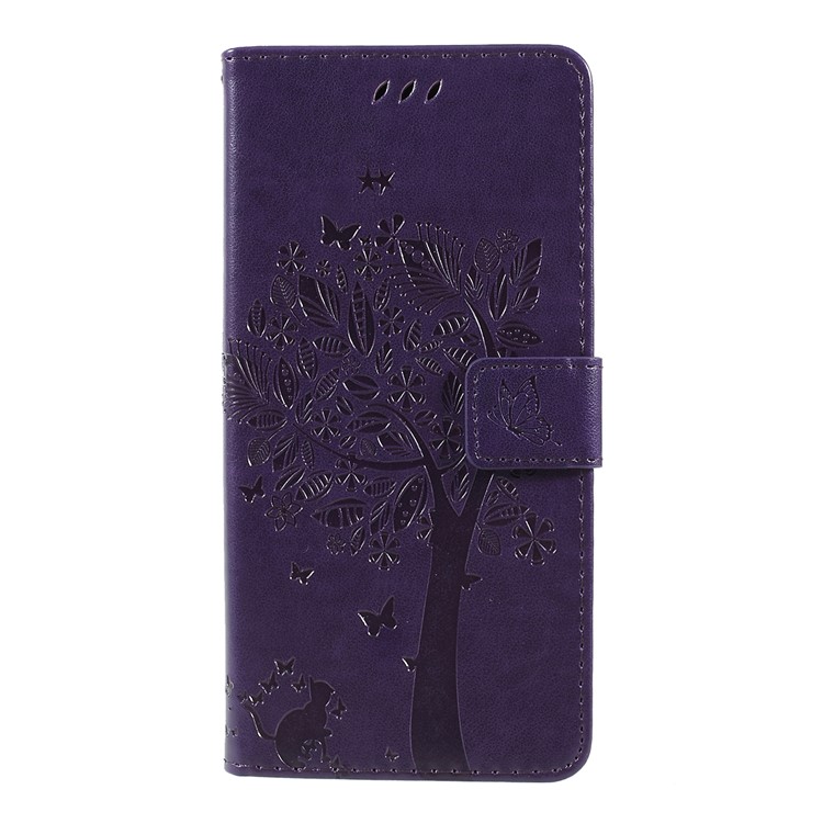 Imprint Cat and Tree Wallet Stand PU Leather Case for Motorola Moto G7 Power (EU Version) - Dark Purple-1