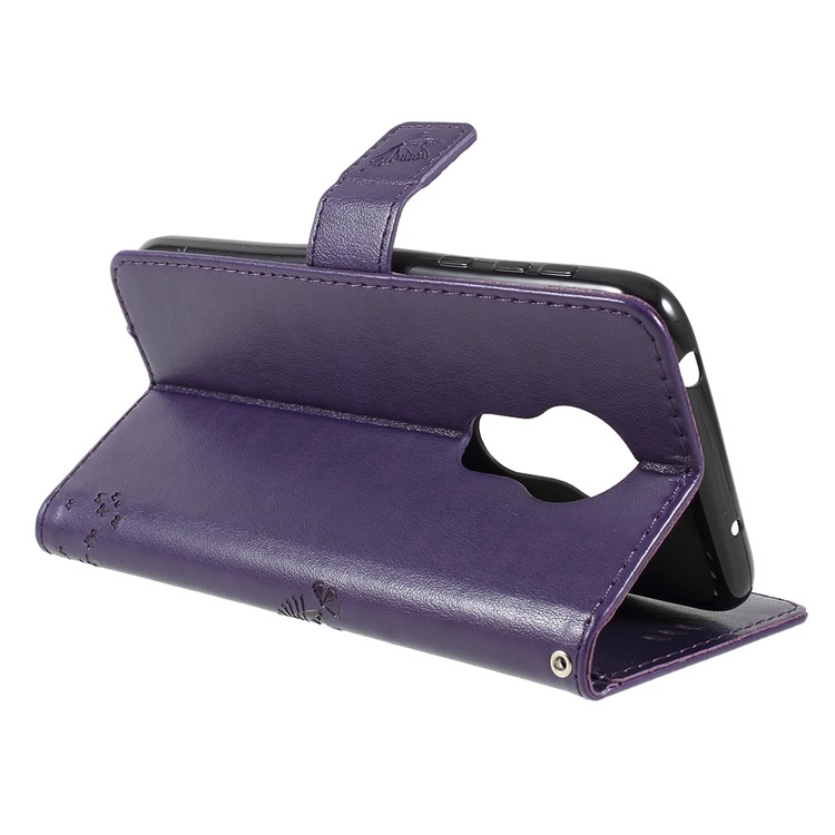 Imprint Cat and Tree Wallet Stand PU Leather Case for Motorola Moto G7 Power (EU Version) - Dark Purple-3