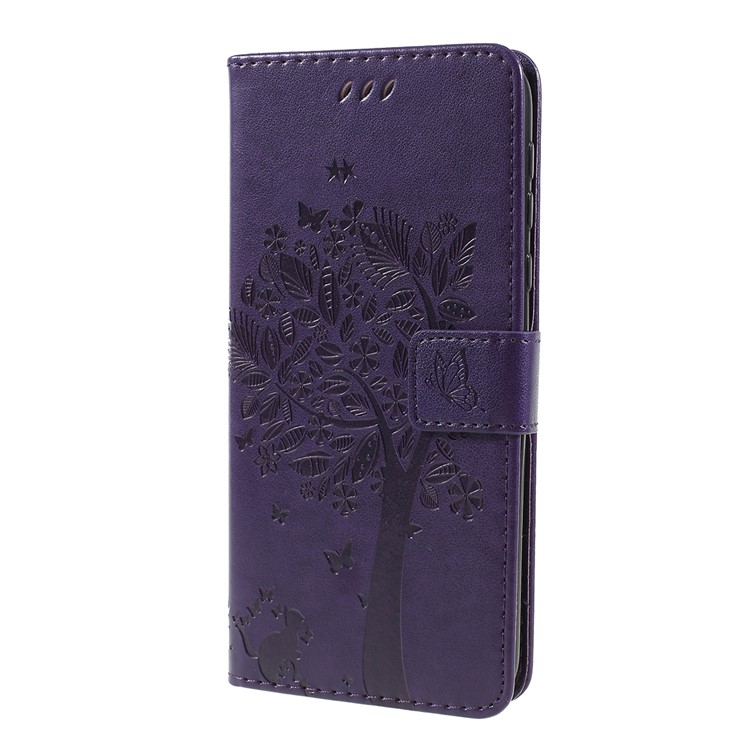 Imprint Cat and Tree Wallet Stand PU Leather Case for Motorola Moto G7 Power (EU Version) - Dark Purple-6