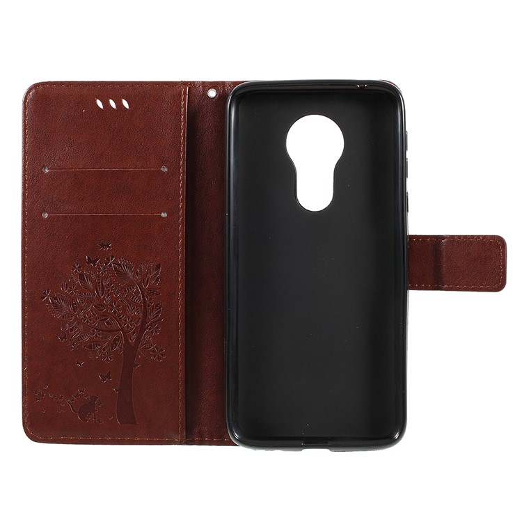 Imprint Cat and Tree Wallet Stand PU Leather Case for Motorola Moto G7 Power (EU Version) - Brown-4