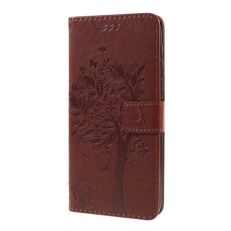 Imprint Cat and Tree Wallet Stand PU Leather Case for Motorola Moto G7 Power (EU Version) - Brown-6