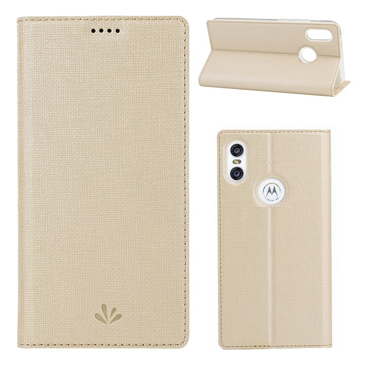 VILI DMX Cross Texture Leather Stand Case with Card Slot for Motorola One / P30 Play - Gold-1