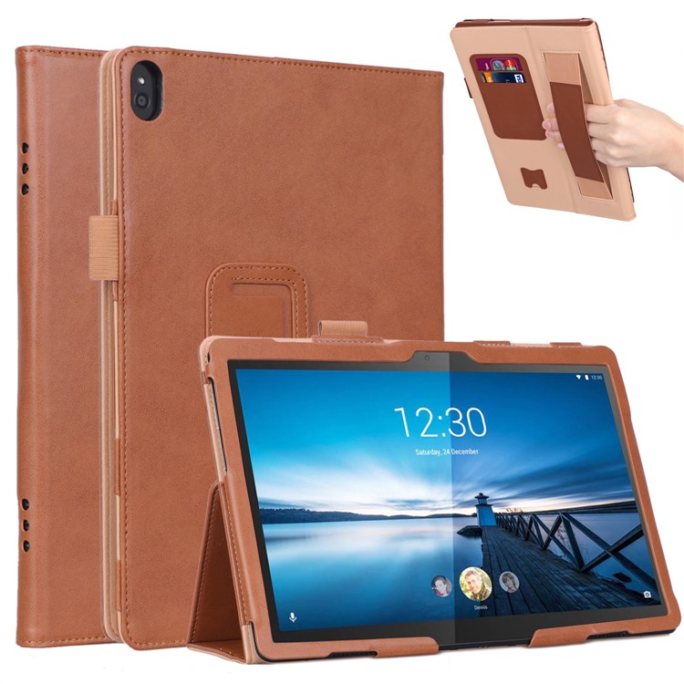 PU Leather Tablet Stand Case with Card Slots and Elastic Hand Strap for Lenovo Tab M10 TB-X605F - Brown-1