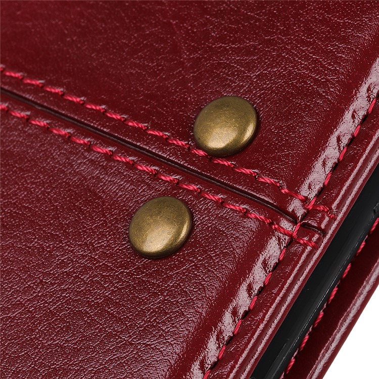 Crazy Horse Rivet Stand Wallet Magnetic Leather Case for Motorola P40 Power - Red-6
