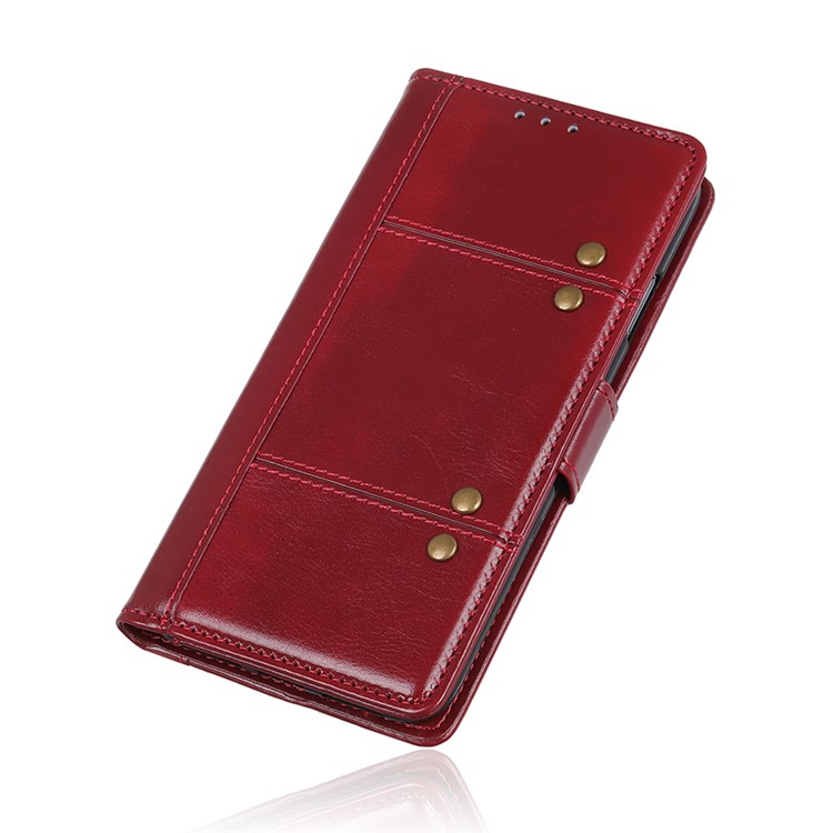 Crazy Horse Rivet Stand Wallet Magnetic Leather Case for Motorola P40 Power - Red-8