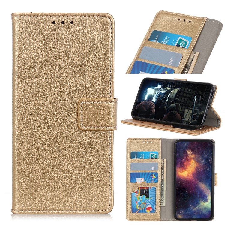 Litchi Grain Leather Cover with Wallet Stand for Motorola P40 Play - Gold-1