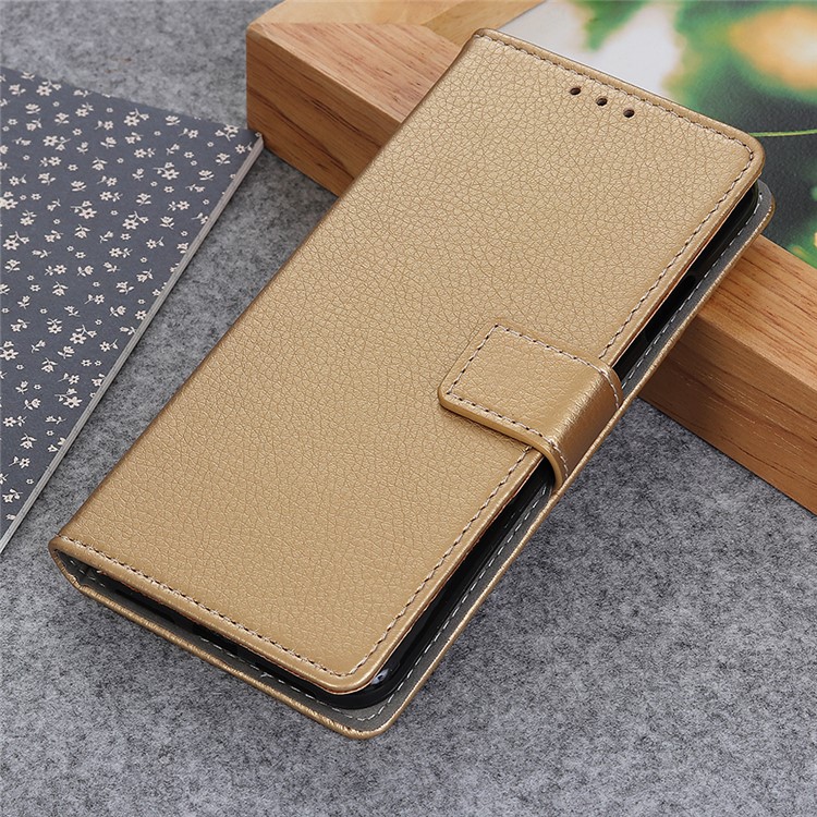 Litchi Grain Leather Cover with Wallet Stand for Motorola P40 Play - Gold-10