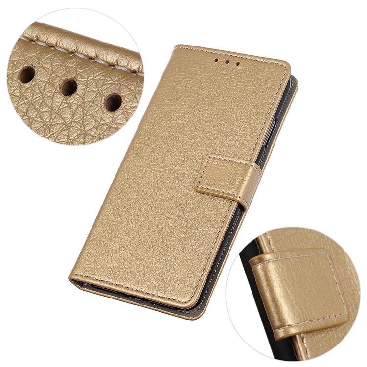 Litchi Grain Leather Cover with Wallet Stand for Motorola P40 Play - Gold-8