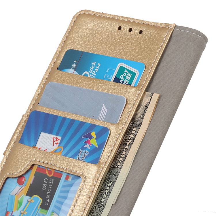Litchi Grain Leather Cover with Wallet Stand for Motorola P40 Play - Gold-9