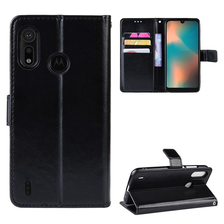 Crazy Horse Leather Stand Wallet Case for Motorola P40 Play - Black-1