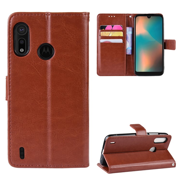 Crazy Horse Leather Stand Wallet Case for Motorola P40 Play - Brown-1