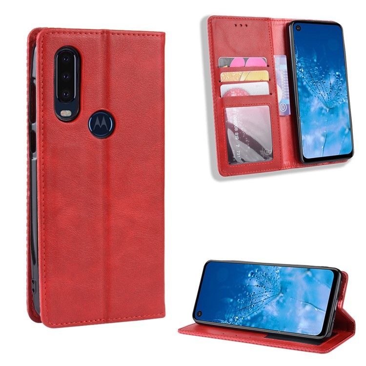Vintage Style PU Leather Wallet Phone Case for Motorola P40 Power - Red-1