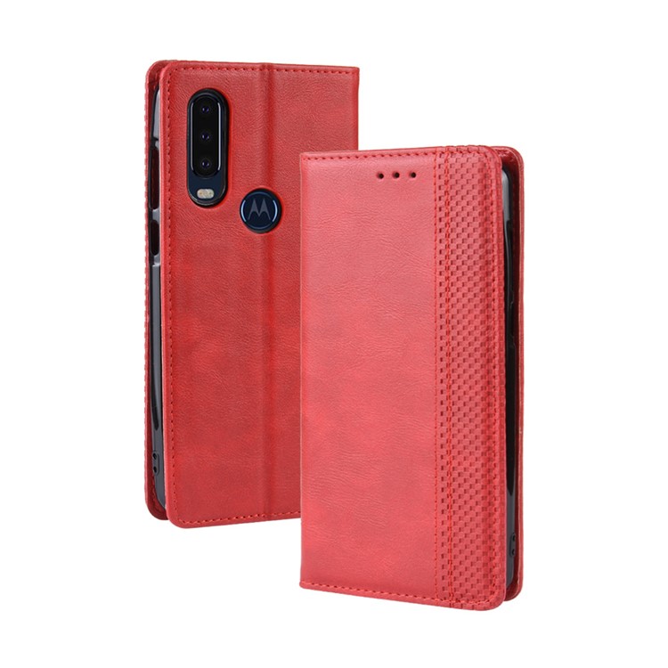 Vintage Style PU Leather Wallet Phone Case for Motorola P40 Power - Red-2