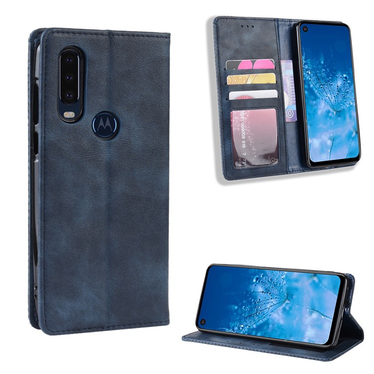 Vintage Style PU Leather Wallet Phone Case for Motorola P40 Power - Blue-1