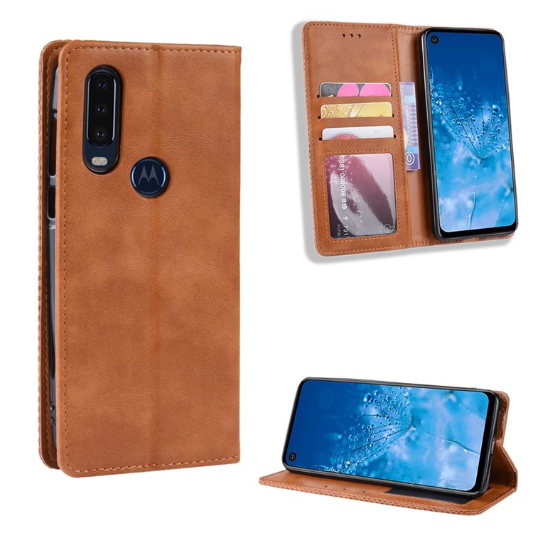 Vintage Style PU Leather Wallet Phone Case for Motorola P40 Power - Brown-1