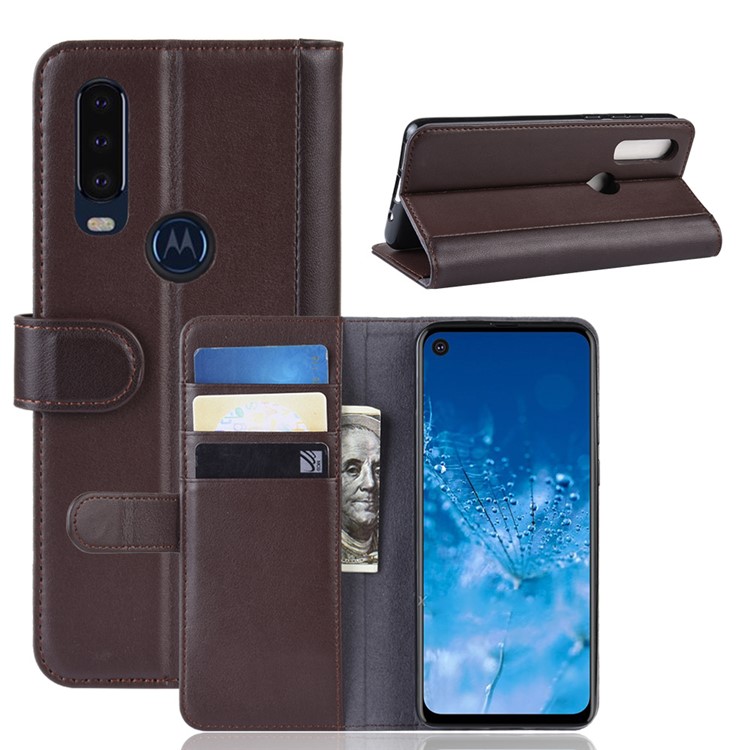 Genuine Split Leather Wallet Stand Case for MOTO P40 Power - Brown-1