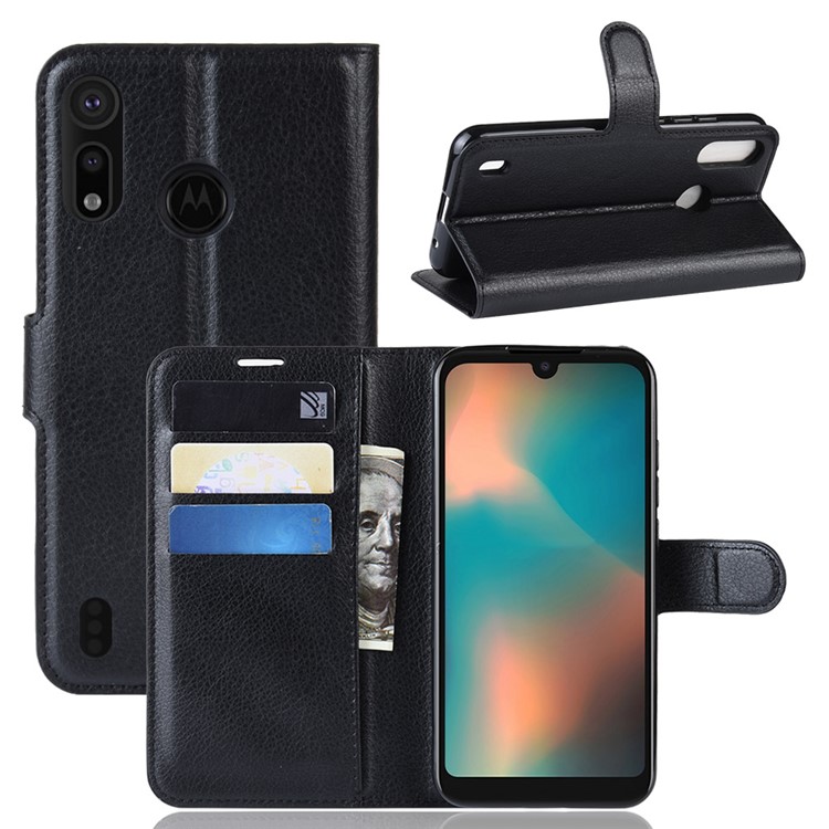 Litchi Skin Wallet Leather Stand Case for Motorola P40 Play - Black-1