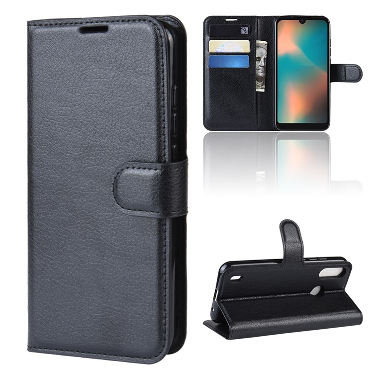 Litchi Skin Wallet Leather Stand Case for Motorola P40 Play - Black-7