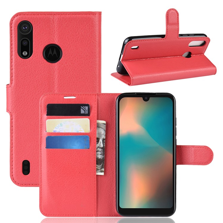 Litchi Skin Wallet Leather Stand Case for Motorola P40 Play - Red-1