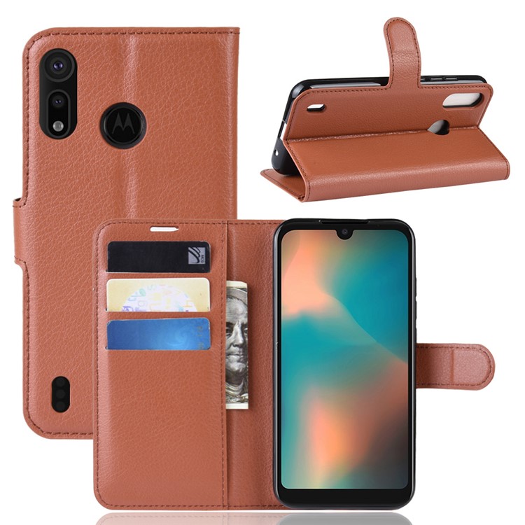 Litchi Skin Wallet Leather Stand Case for Motorola P40 Play - Brown-1