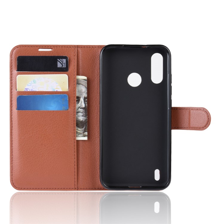 Litchi Skin Wallet Leather Stand Case for Motorola P40 Play - Brown-3