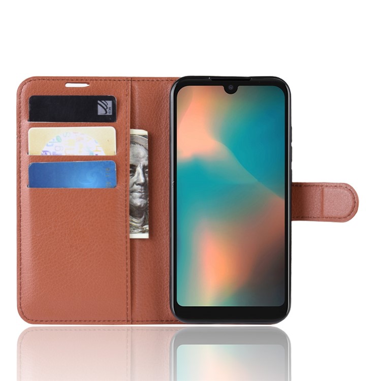 Litchi Skin Wallet Leather Stand Case for Motorola P40 Play - Brown-4