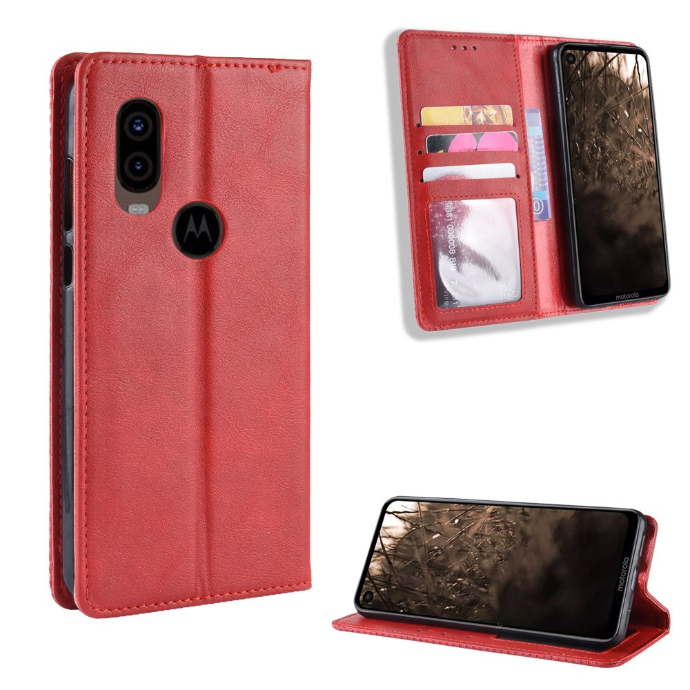 Vintage Style PU Leather Wallet Phone Cover for Motorola One Vision / P50 - Red-1