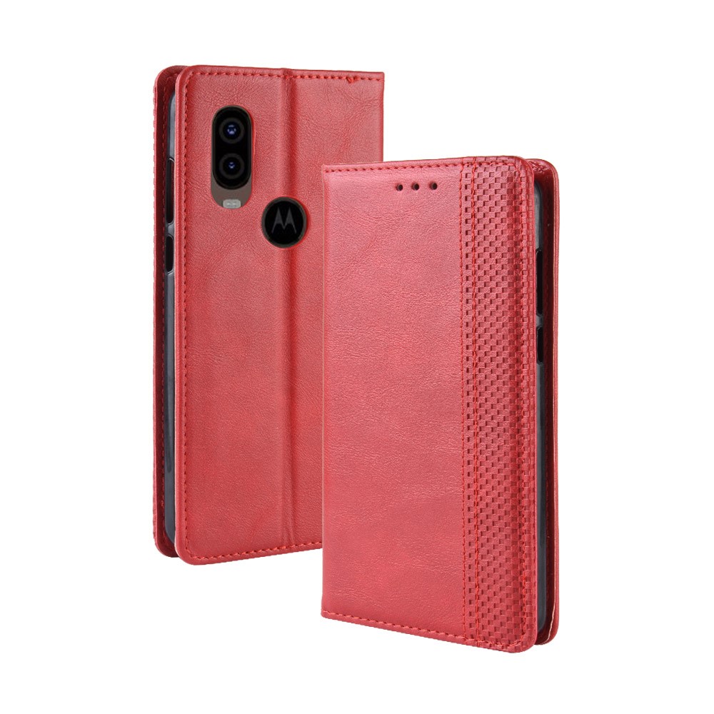 Vintage Style PU Leather Wallet Phone Cover for Motorola One Vision / P50 - Red-2
