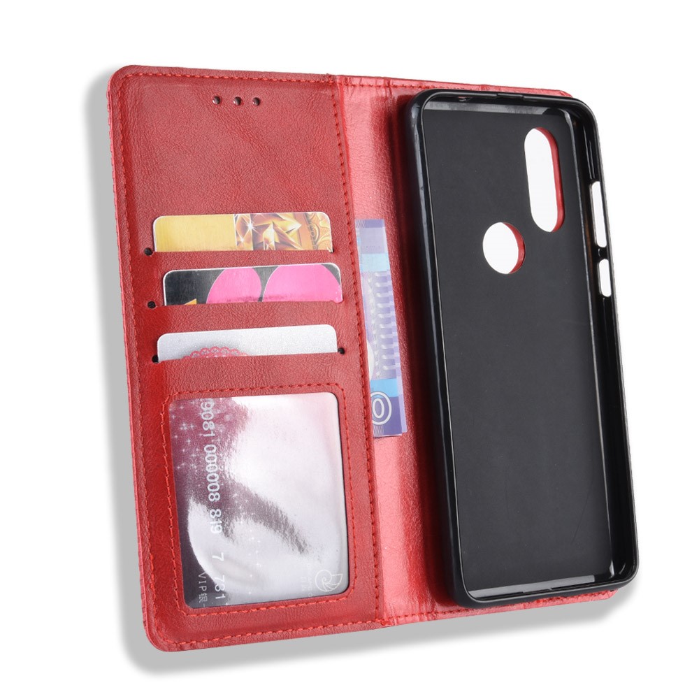 Vintage Style PU Leather Wallet Phone Cover for Motorola One Vision / P50 - Red-4