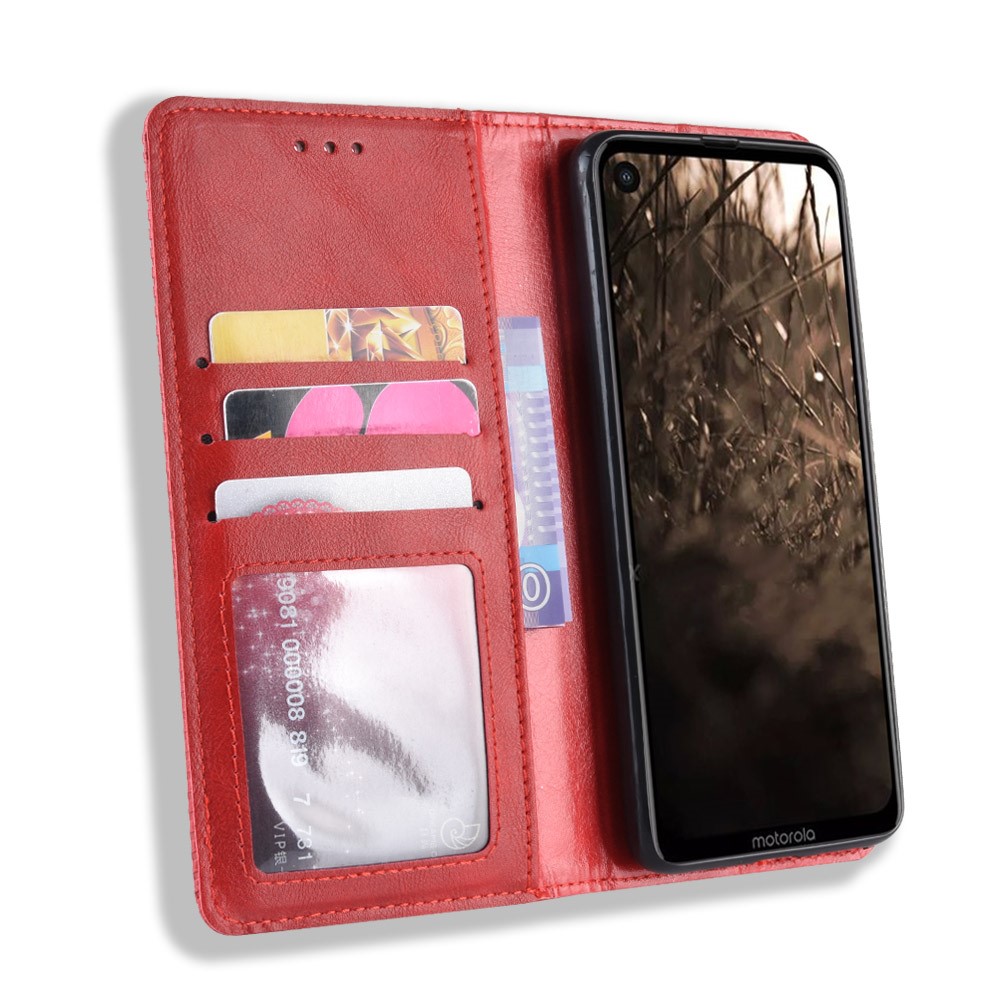 Vintage Style PU Leather Wallet Phone Cover for Motorola One Vision / P50 - Red-5