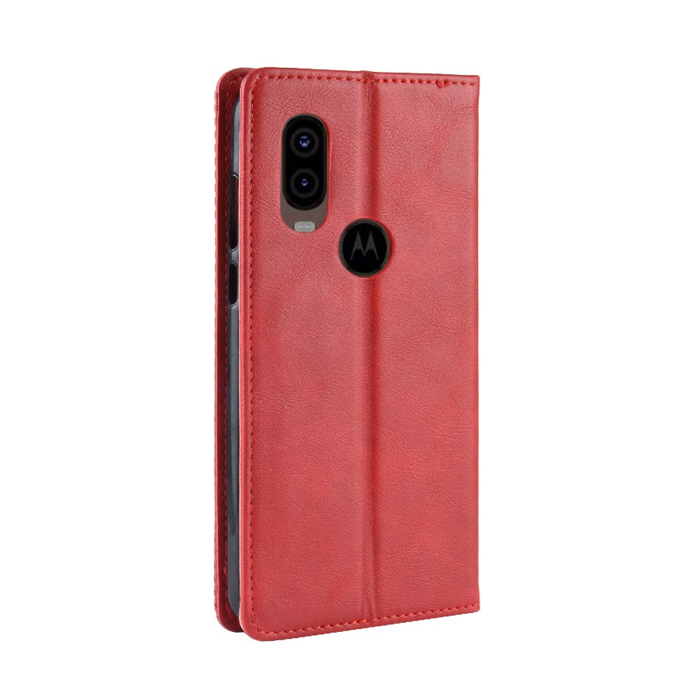 Vintage Style PU Leather Wallet Phone Cover for Motorola One Vision / P50 - Red-7