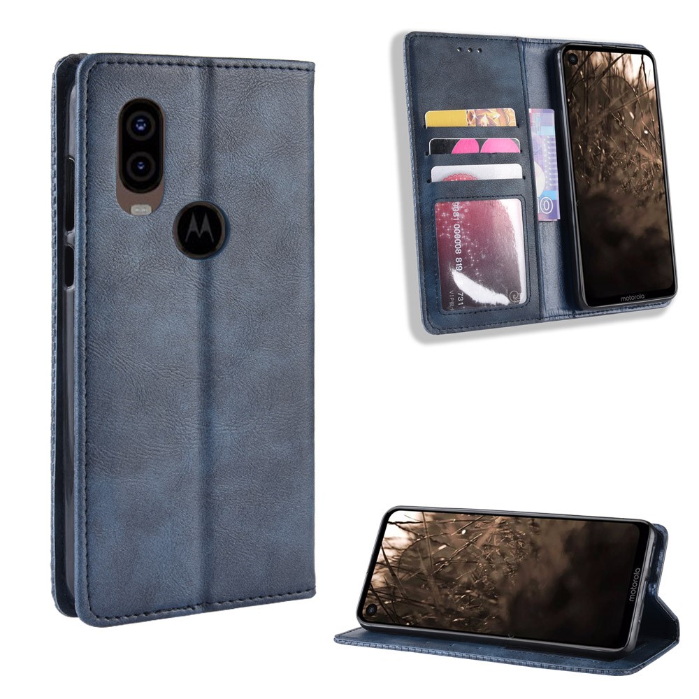 Vintage Style PU Leather Wallet Phone Cover for Motorola One Vision / P50 - Blue-1