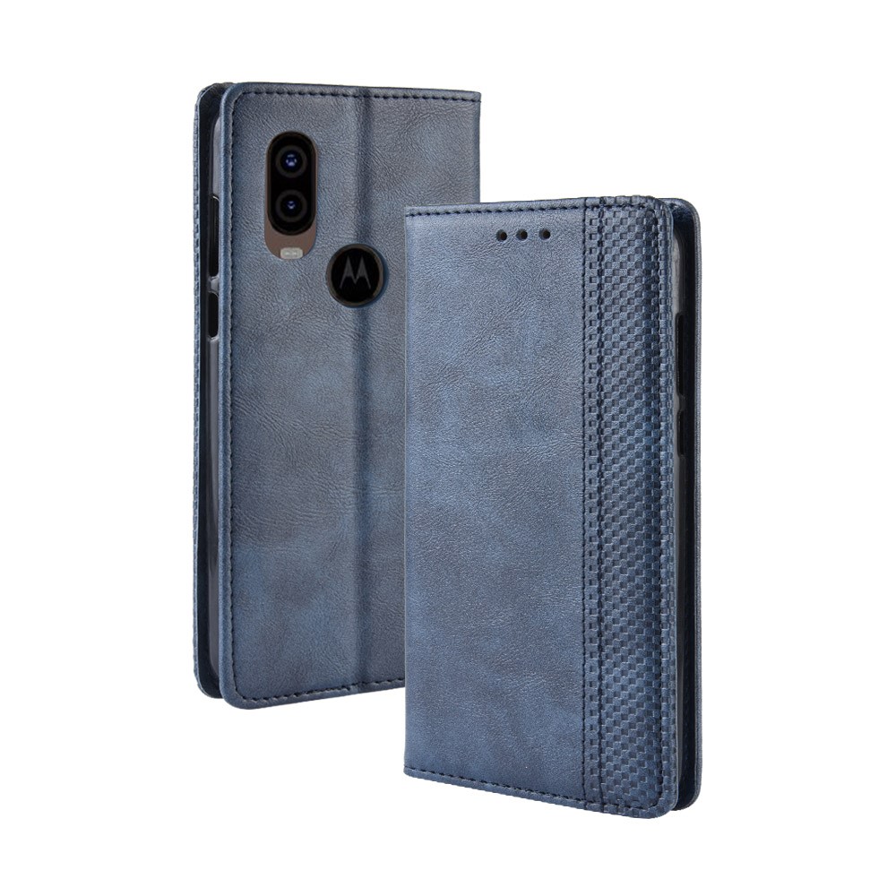 Vintage Style PU Leather Wallet Phone Cover for Motorola One Vision / P50 - Blue-2