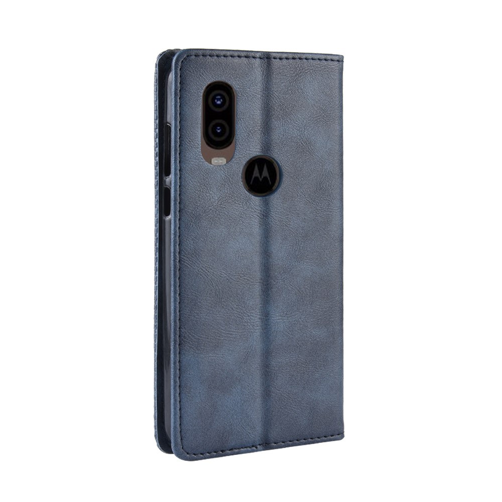 Couverture de Téléphone de Portefeuille en Cuir PU de Style Vintage Pour Motorola One Vision / P50 - Bleu