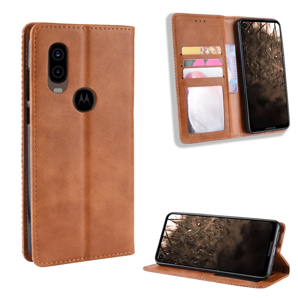 Couverture De Téléphone De Portefeuille En Cuir PU De Style Vintage Pour Motorola One Vision - Marron-1