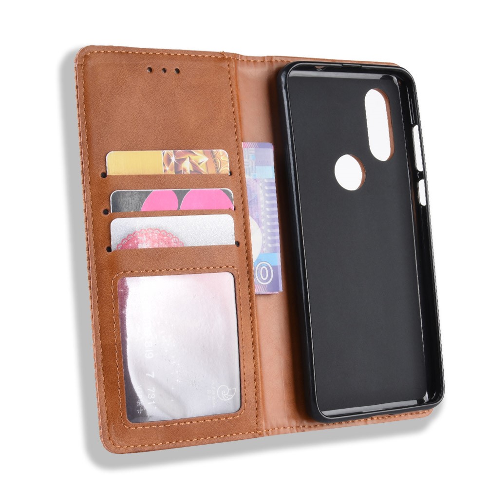 Couverture De Téléphone De Portefeuille En Cuir PU De Style Vintage Pour Motorola One Vision - Marron-4