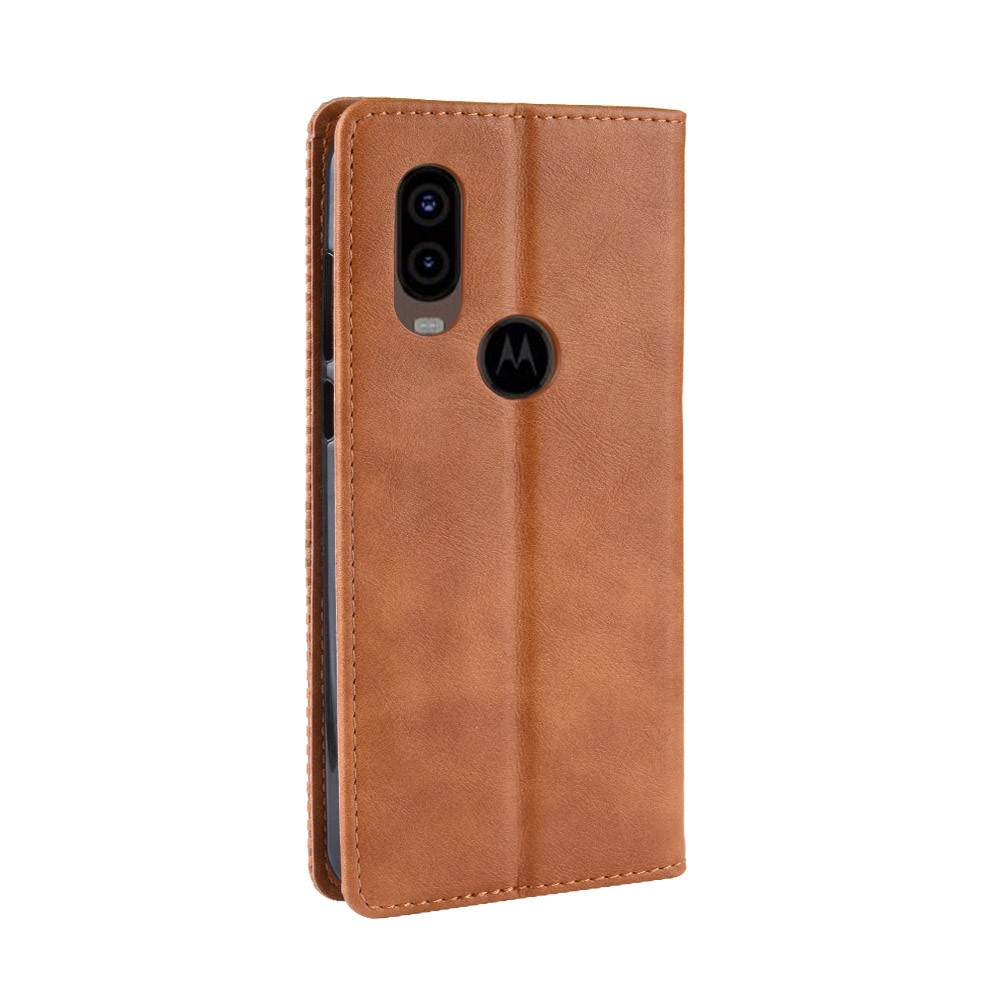 Couverture De Téléphone De Portefeuille En Cuir PU De Style Vintage Pour Motorola One Vision - Marron-7