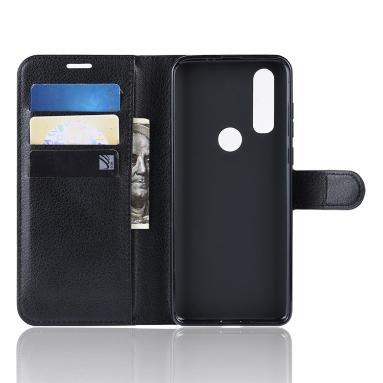 Litchi Skin Wallet Leather Stand Case for Motorola P40 Power - Black-3