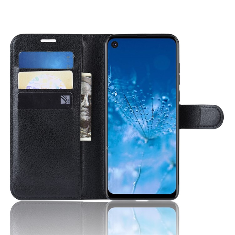 Litchi Skin Wallet Leather Stand Case for Motorola P40 Power - Black-4