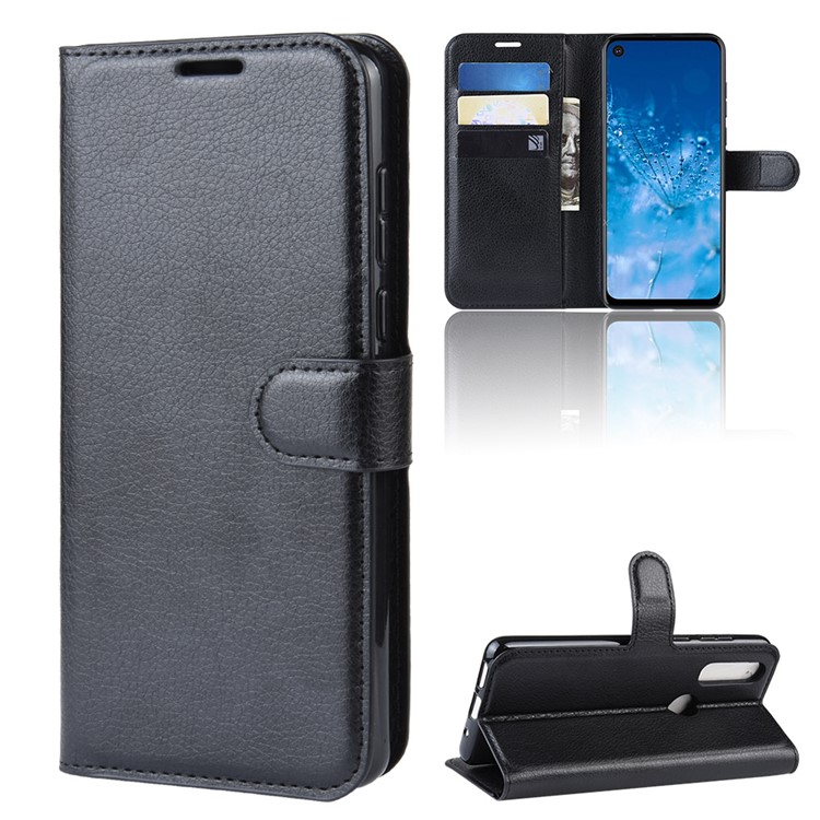Litchi Skin Wallet Leather Stand Case for Motorola P40 Power - Black-7