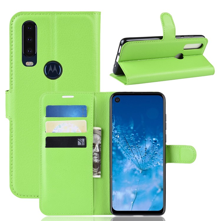 Litchi Skin Wallet Leather Stand Case for Motorola P40 Power - Green-1