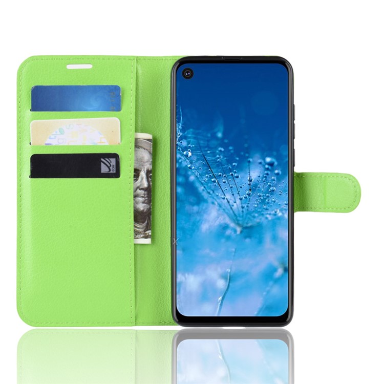 Litchi Skin Wallet Leather Stand Case for Motorola P40 Power - Green-4