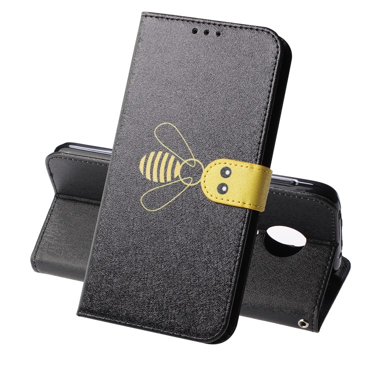 Bee Pattern Silk Texture Wallet Stand Leather Phone Cover for Motorola Moto G7 Power (EU Version) - Black-1