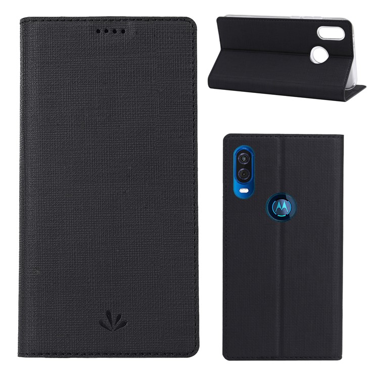 VILI DMX Cross Texture Leather Stand Case with Card Slot for Motorola One Vision / P50 - Black-1