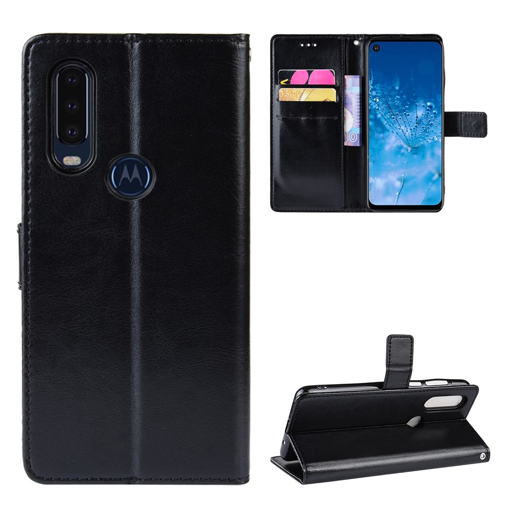 Crazy Horse Leather Stand Wallet Phone Shell for Motorola One Action - Black-1